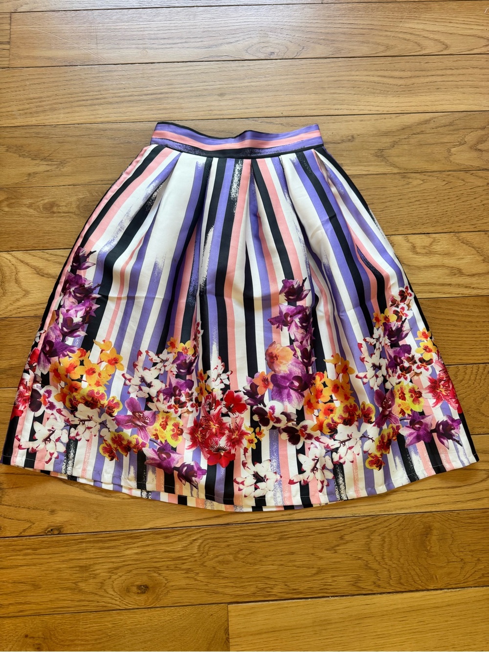Beulah Striped Midi Skirt with Purple & Pink Floral Border
